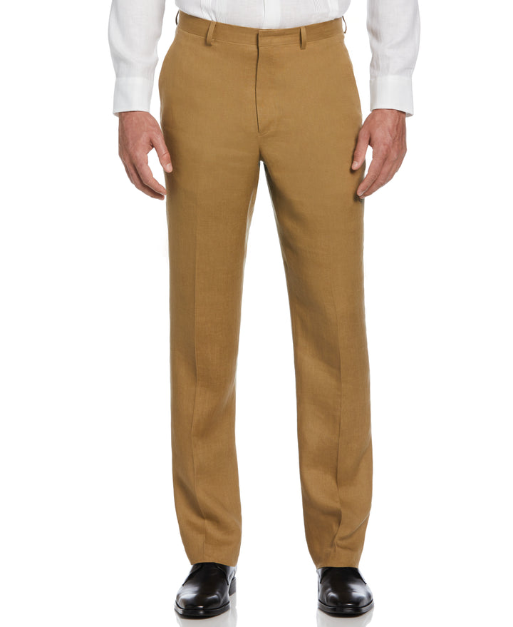 100% Linen Solid Flat Front Pant (Tan)
