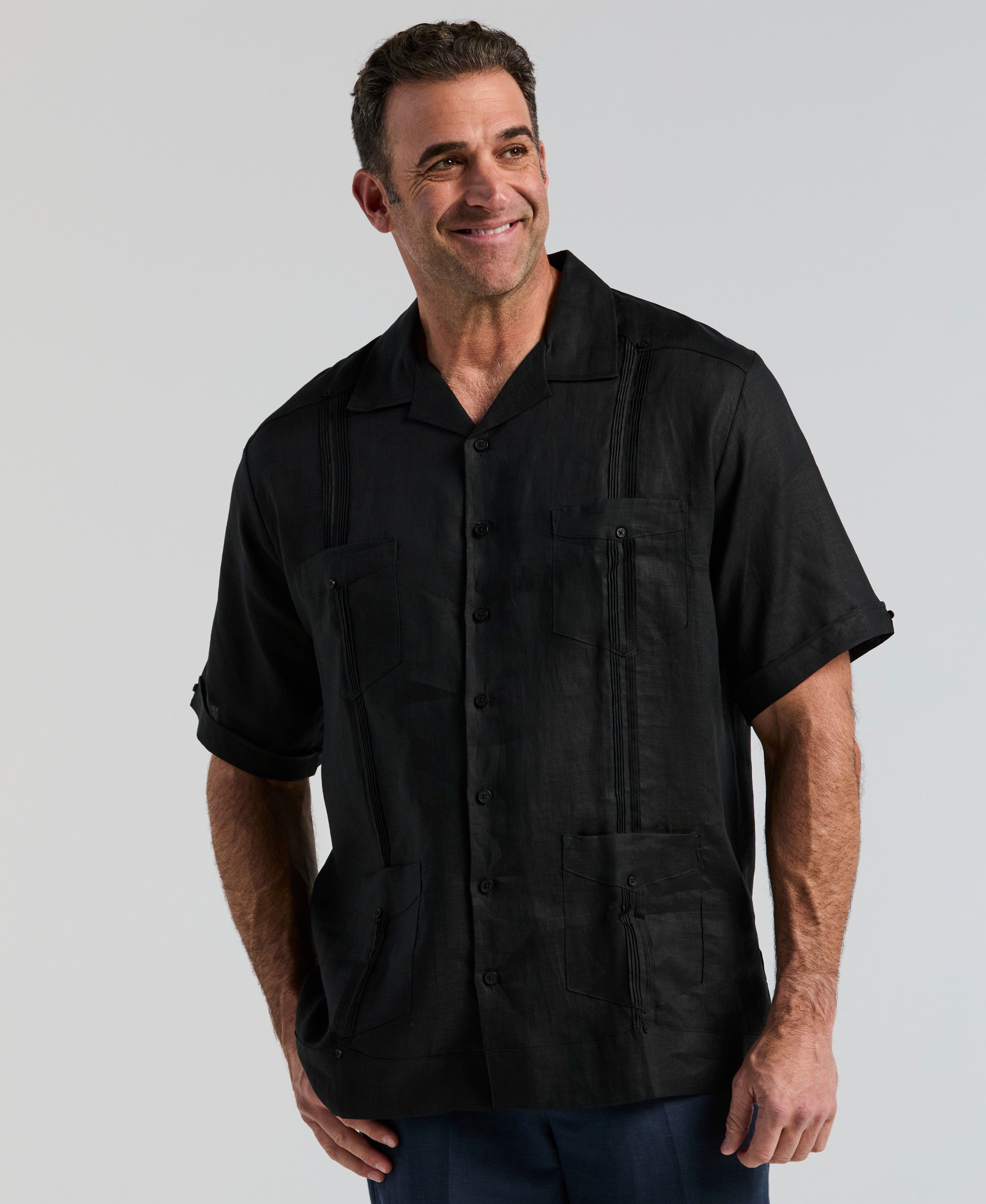 【BLACK】Leno cloth guayabera shirt Men's 100% Linen Guayabera Short Sleeve 4 Pocket – Mojito Collection