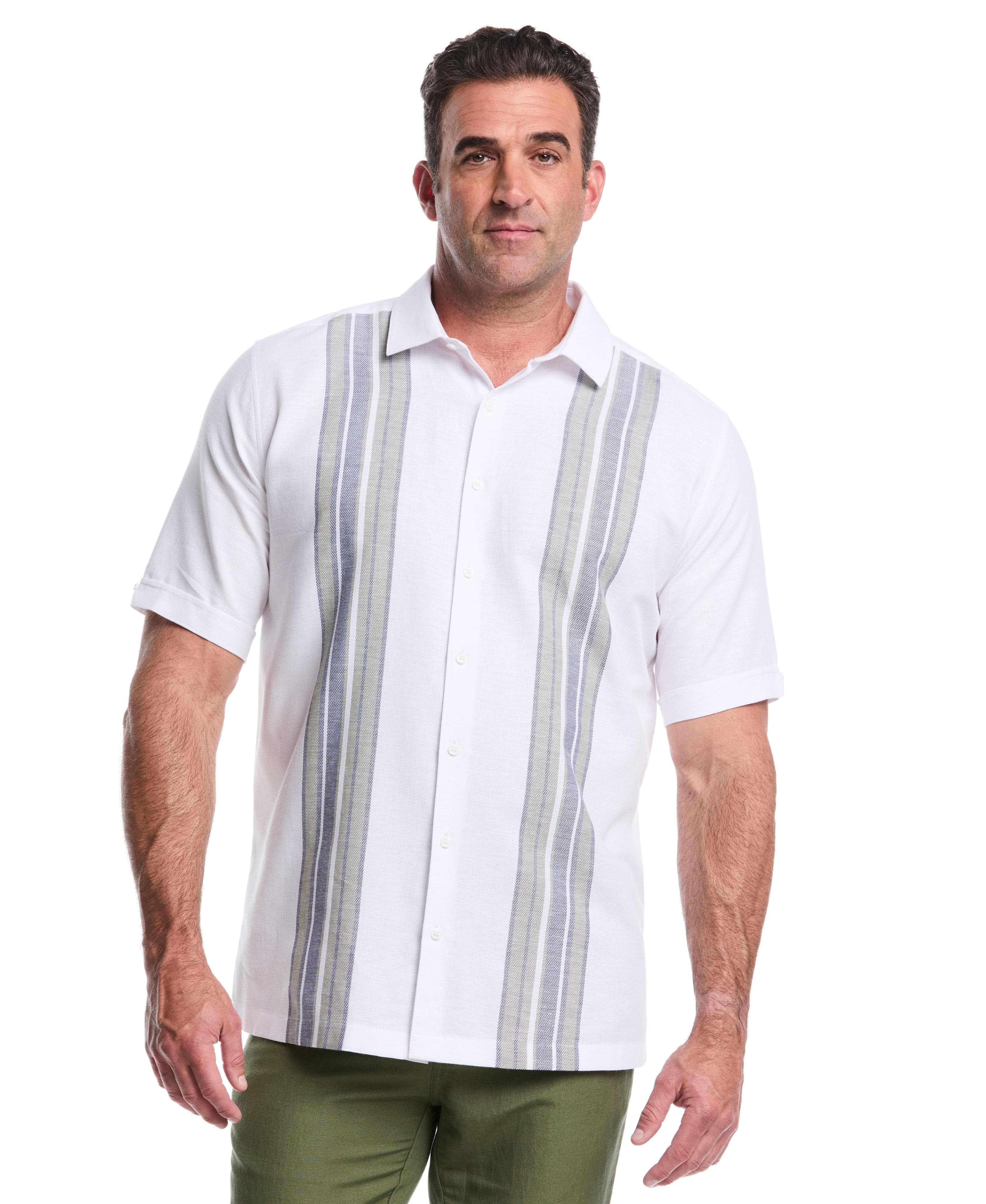 Cubavera Men's Big and Tall Cotton Linen Blend Panel Short Sleeve Shirt in Brilliant White, Size 3XLT, Cotton Blend