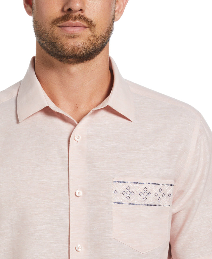 Linen Blend Embroidered Border Shirt (Coral Cloud)