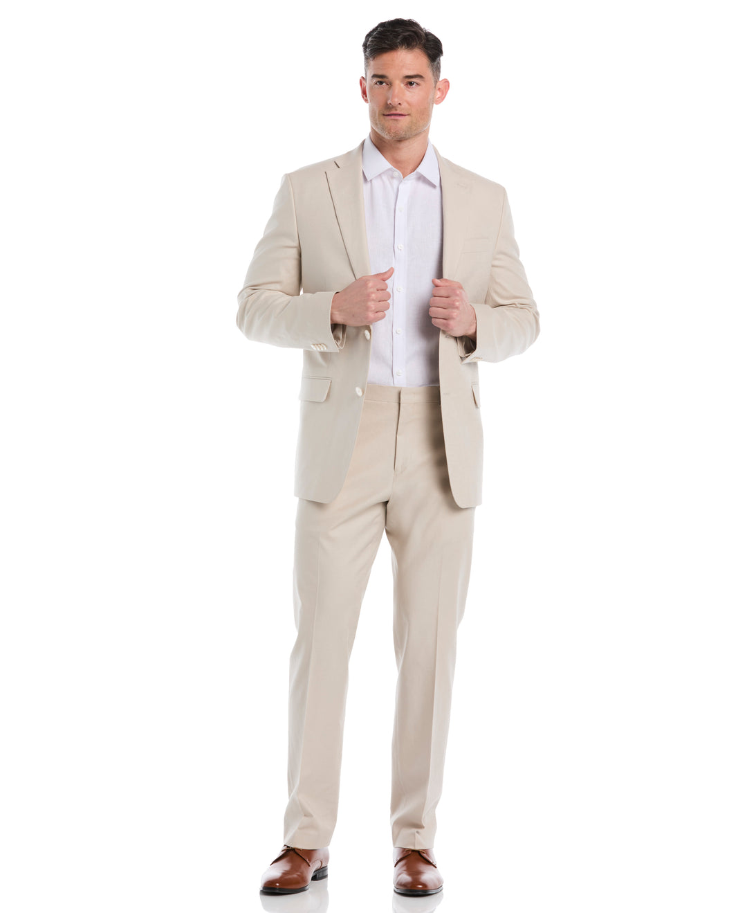 Linen Blend Flat Front Pant (Beige)