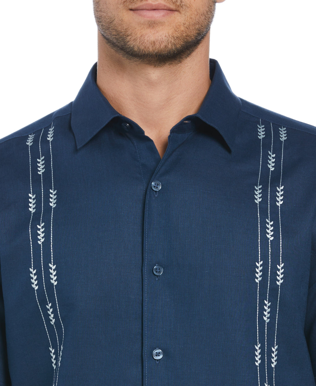 Linen Blend Leaf Embroidery Panel Guayabera Shirt (Titan)
