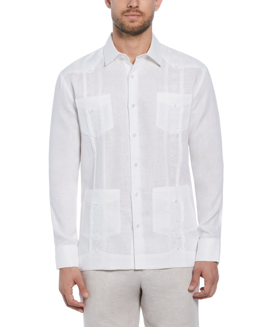 Linen Embroidered French Cuff Guayabera Shirt (Brilliant White)