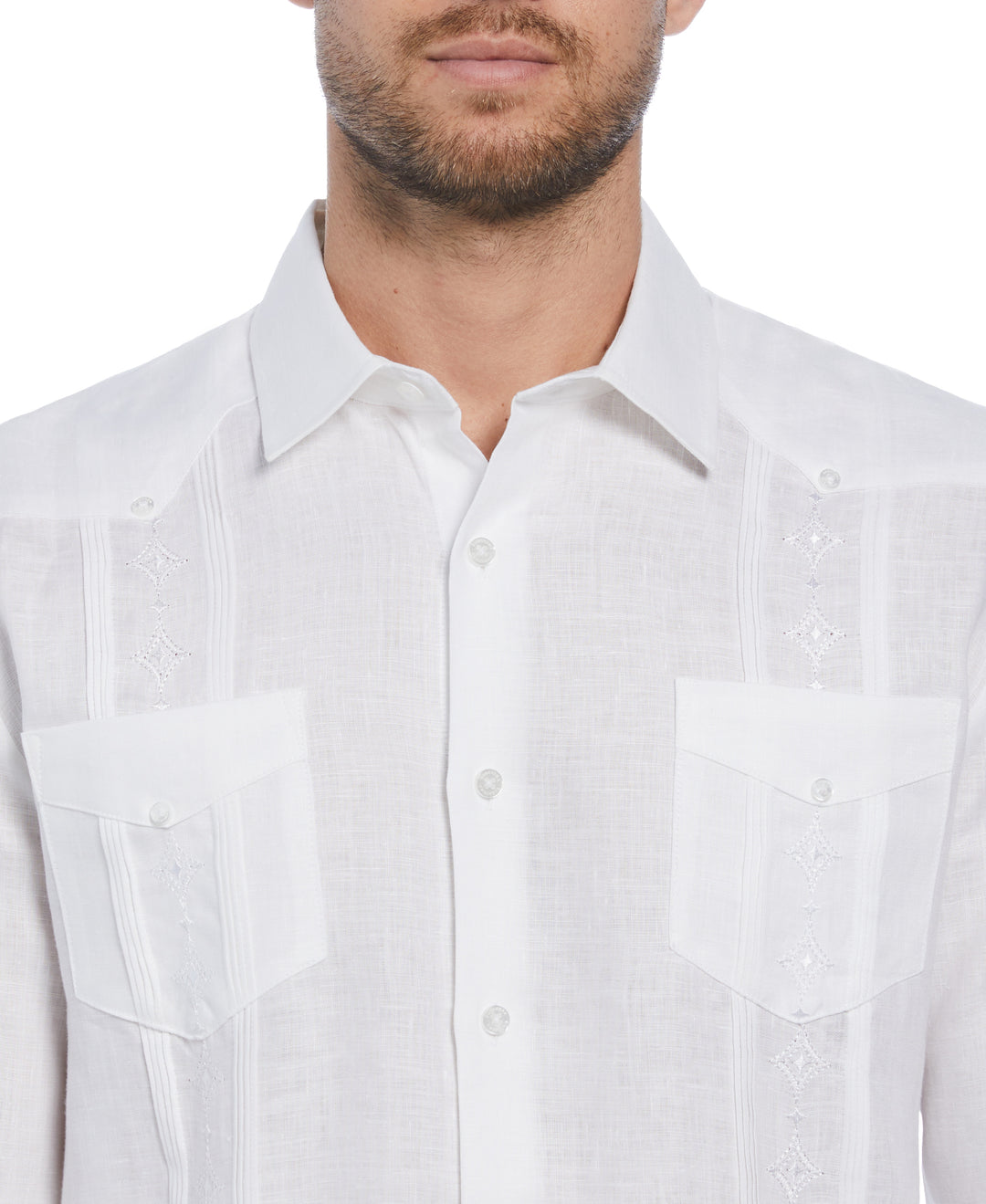 Linen Embroidered French Cuff Guayabera Shirt (Brilliant White)