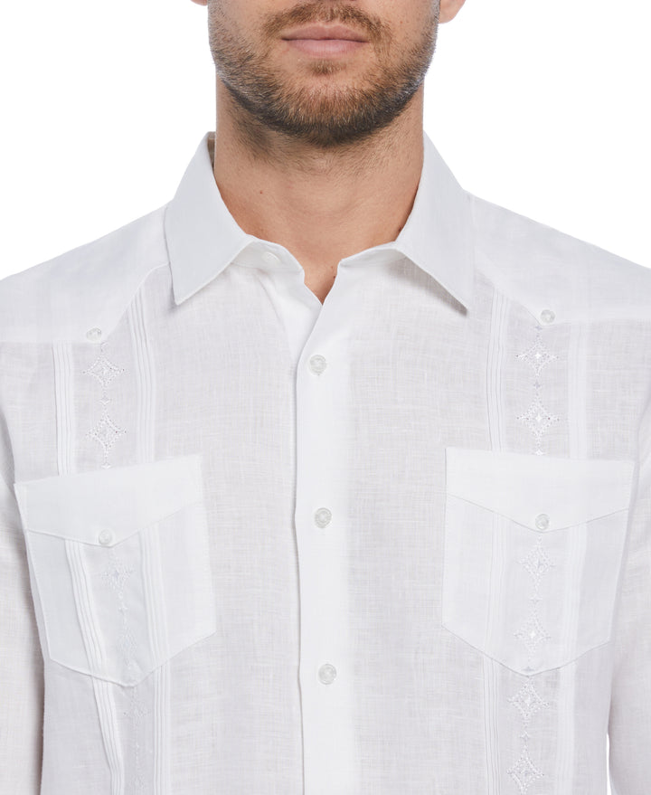 Linen Embroidered French Cuff Guayabera Shirt (Brilliant White)