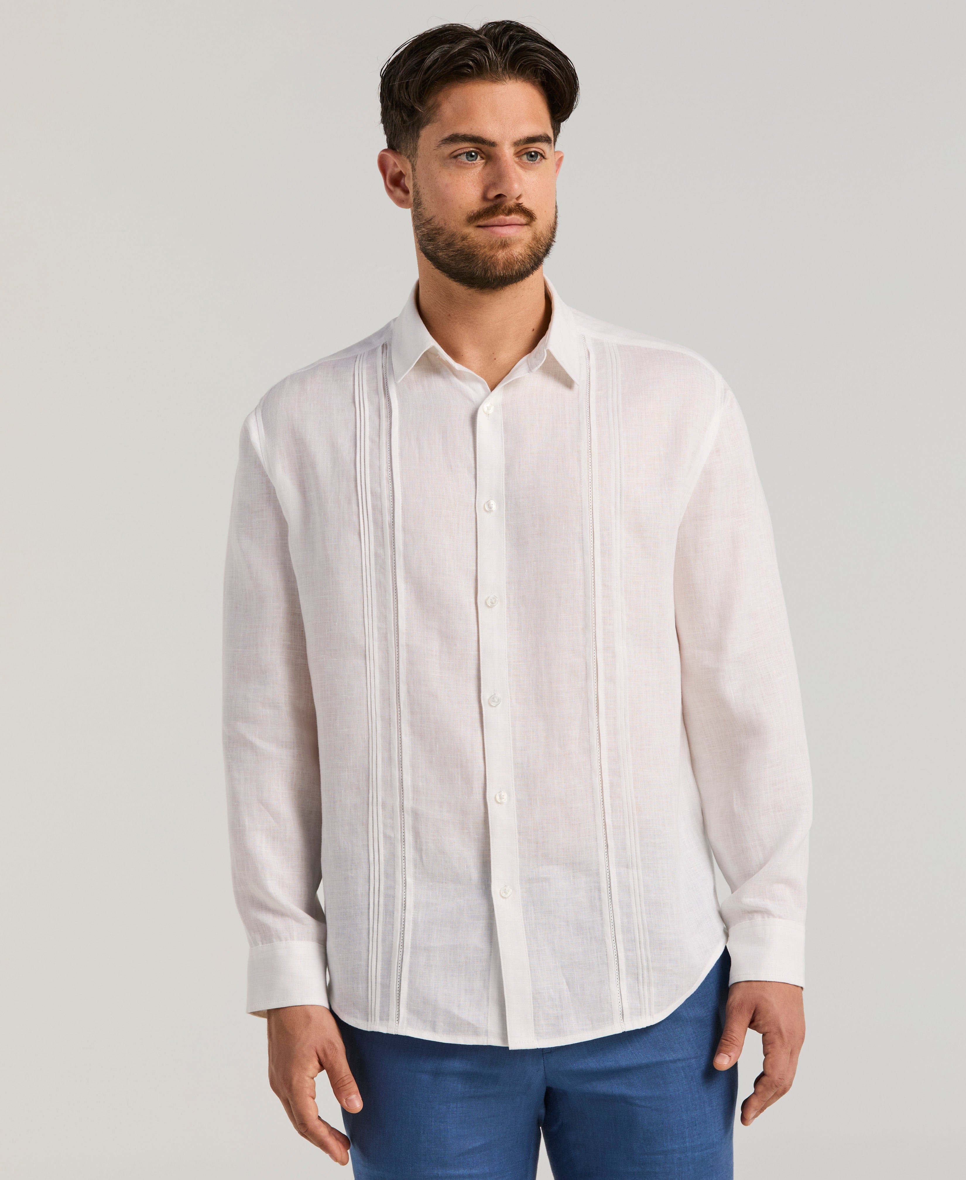 Cubavera Men's Embroidered Tuck Panel Guayabera Long Sleeve Shirt in Brilliant White, Size Large, 100% Linen