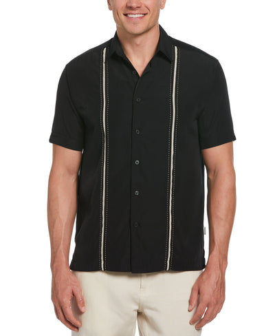 Pick Stitch Panel Short Sleeve Button-Down Shirt (Jet Black) 