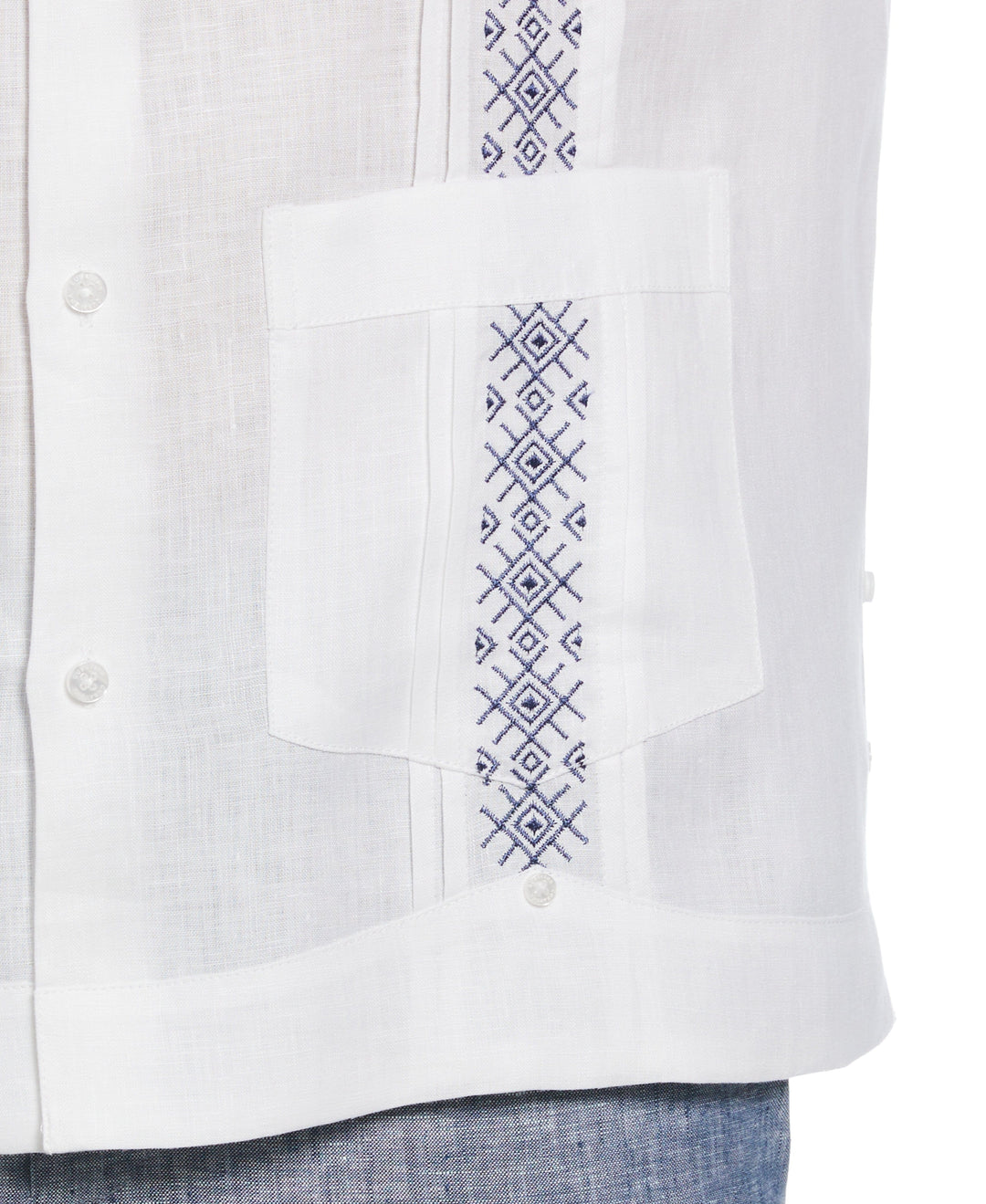 Solid Linen Guayabera Shirt with Contrast Embroidery (Brilliant White)