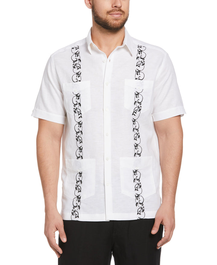 Linen Blend Contrast Embroidery Guayabera Shirt (Brilliant Wh/Jet Blk)