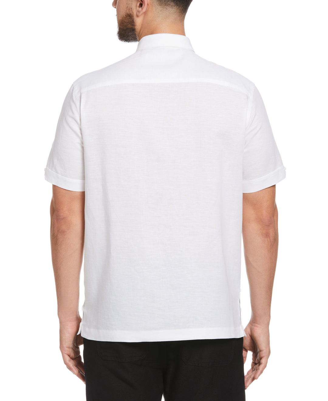 Linen Blend Contrast Embroidery Guayabera Shirt (Brilliant Wh/Jet Blk)