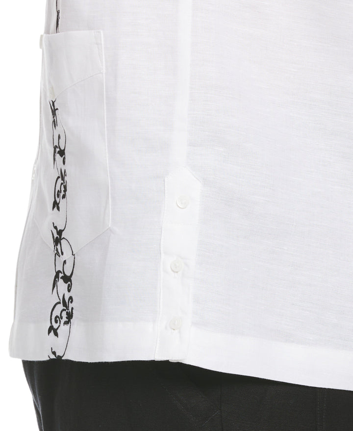 Linen Blend Contrast Embroidery Guayabera Shirt (Brilliant Wh/Jet Blk)
