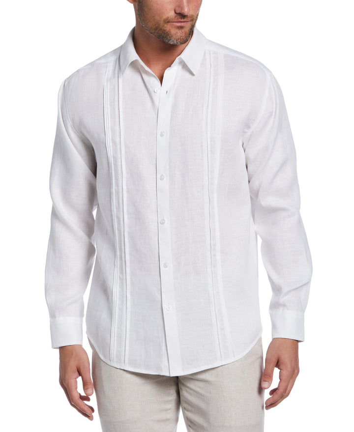 Linen Embroidered Tuck Panel Guayabera Shirt (Brilliant White)