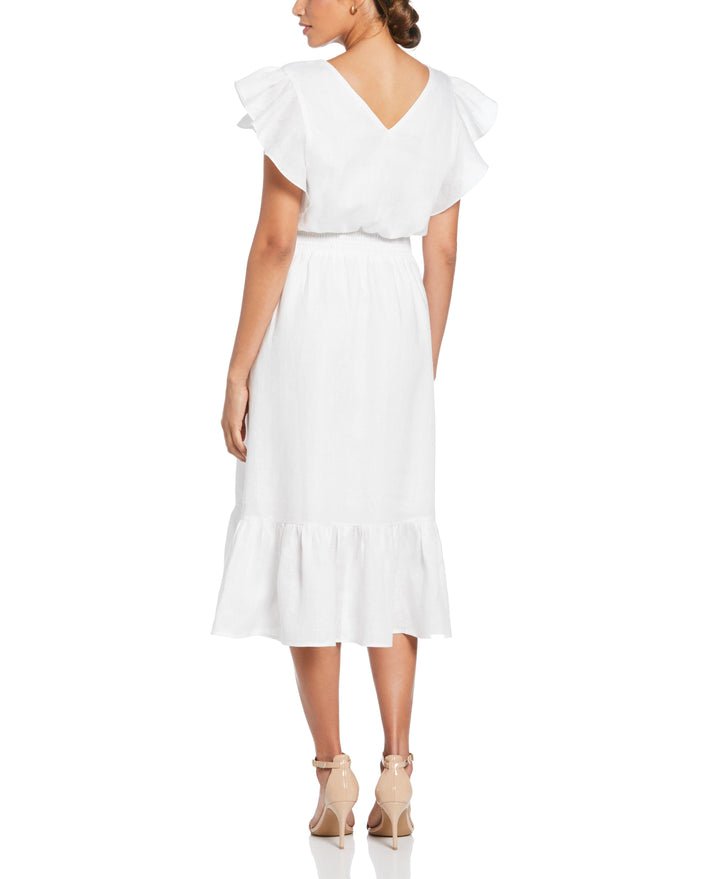 Linen V-Neck Ruffle Sleeve Maxi Dress (White)