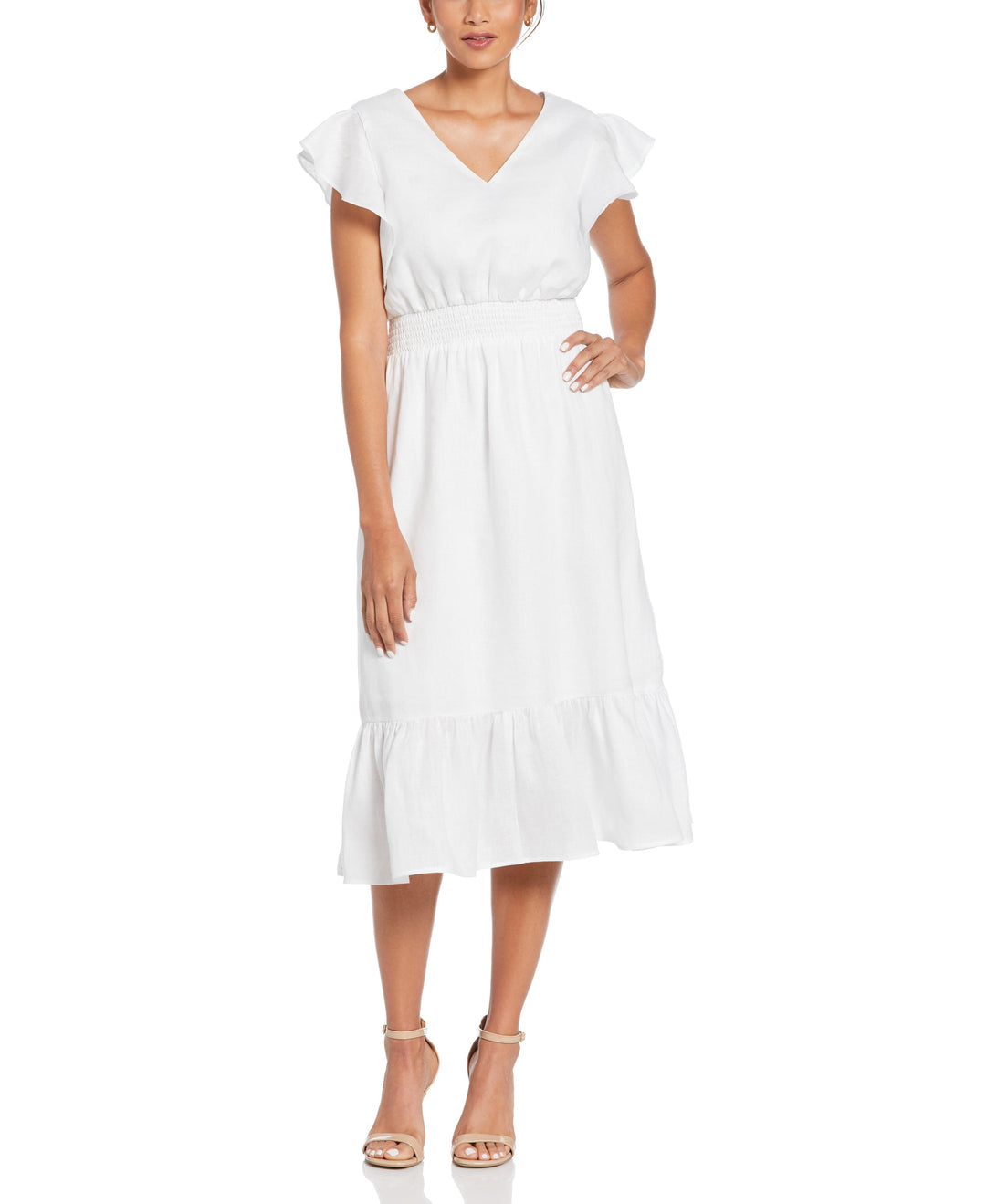 Linen V-Neck Ruffle Sleeve Maxi Dress (White)