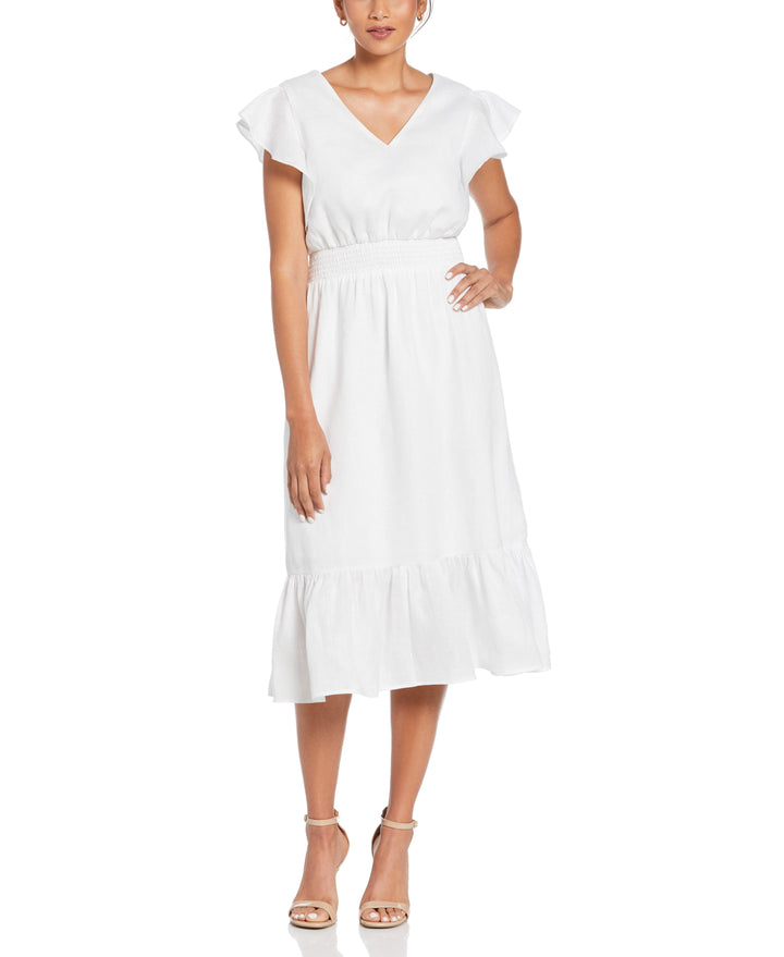 Linen V-Neck Ruffle Sleeve Maxi Dress (White)