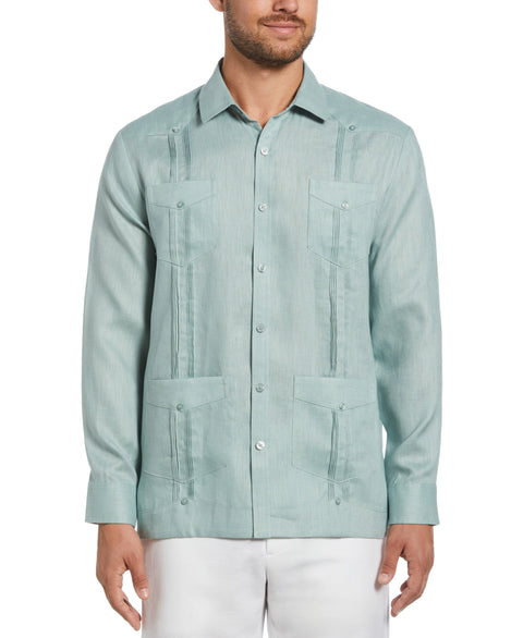 100% Linen Classic Guayabera Shirt - Long Sleeve (Blue Surf) 