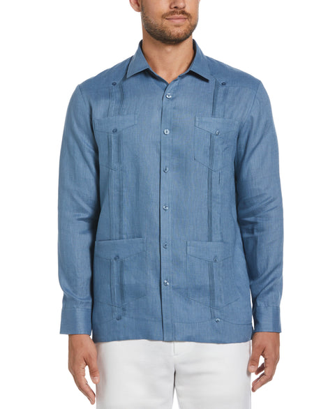 100% Linen Classic Guayabera Shirt - Long Sleeve (Captains Blue) 