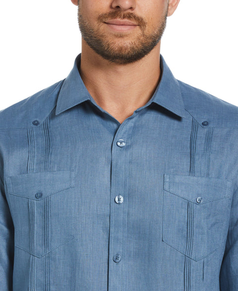 100% Linen Classic Guayabera Shirt - Long Sleeve (Captains Blue) 