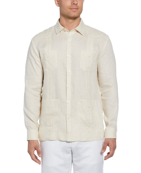 100% Linen Classic Guayabera Shirt - Long Sleeve (Whitecap Gray) 