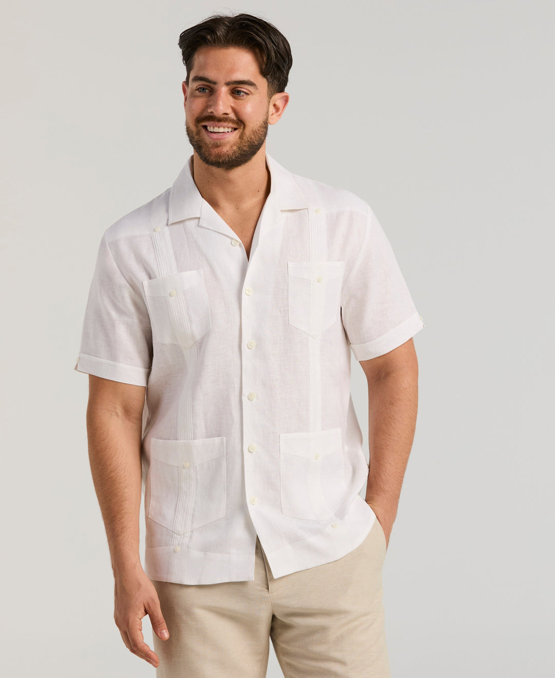 Linen Short Sleeve Guayabera Shirt (Bright White) 