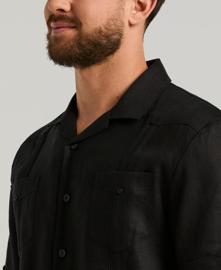 Linen Short Sleeve Guayabera Shirt (Jet Black) 