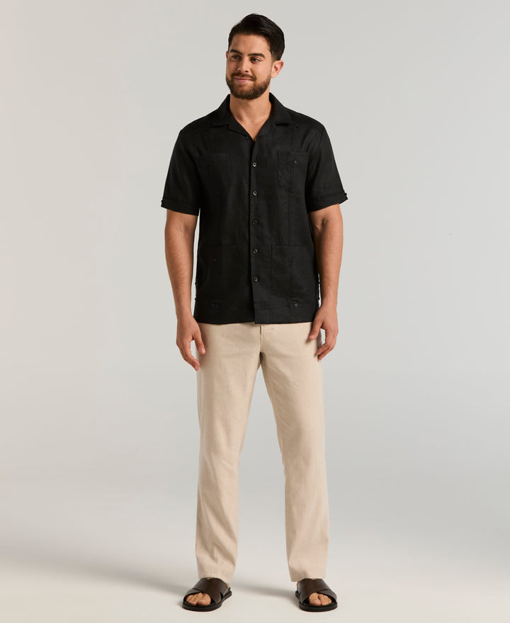 Linen Short Sleeve Guayabera Shirt (Jet Black) 