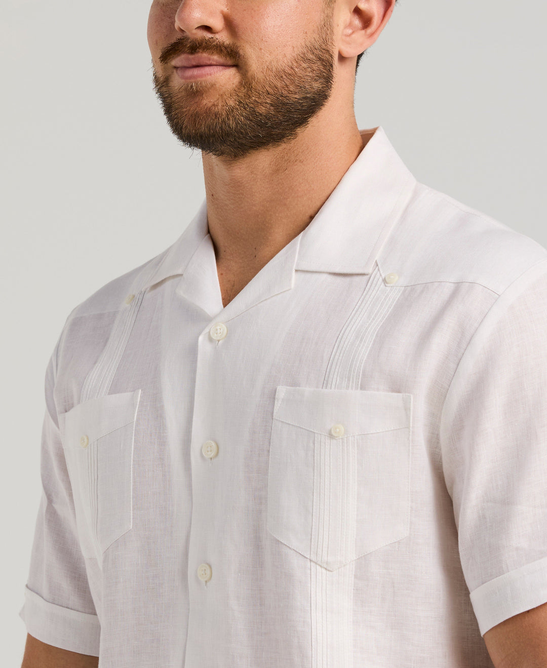 Linen Short Sleeve Guayabera Shirt (Bright White) 