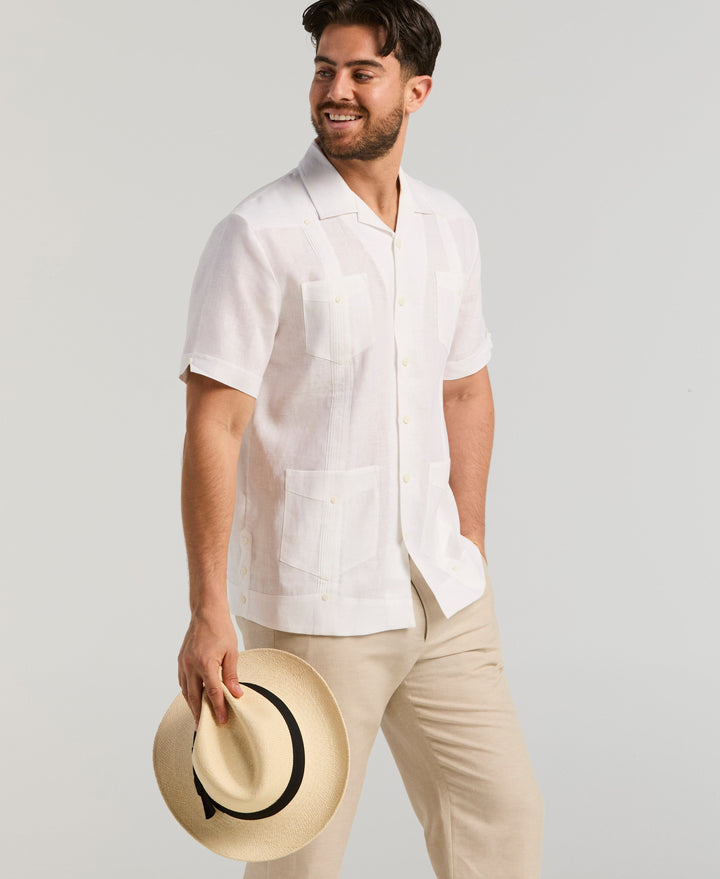 Linen Short Sleeve Guayabera Shirt (Bright White) 