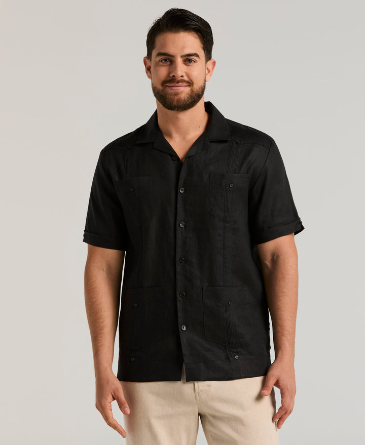 Linen Short Sleeve Guayabera Shirt (Jet Black) 