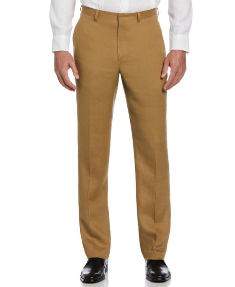 100% Linen Solid Flat Front Pant (Tan) 