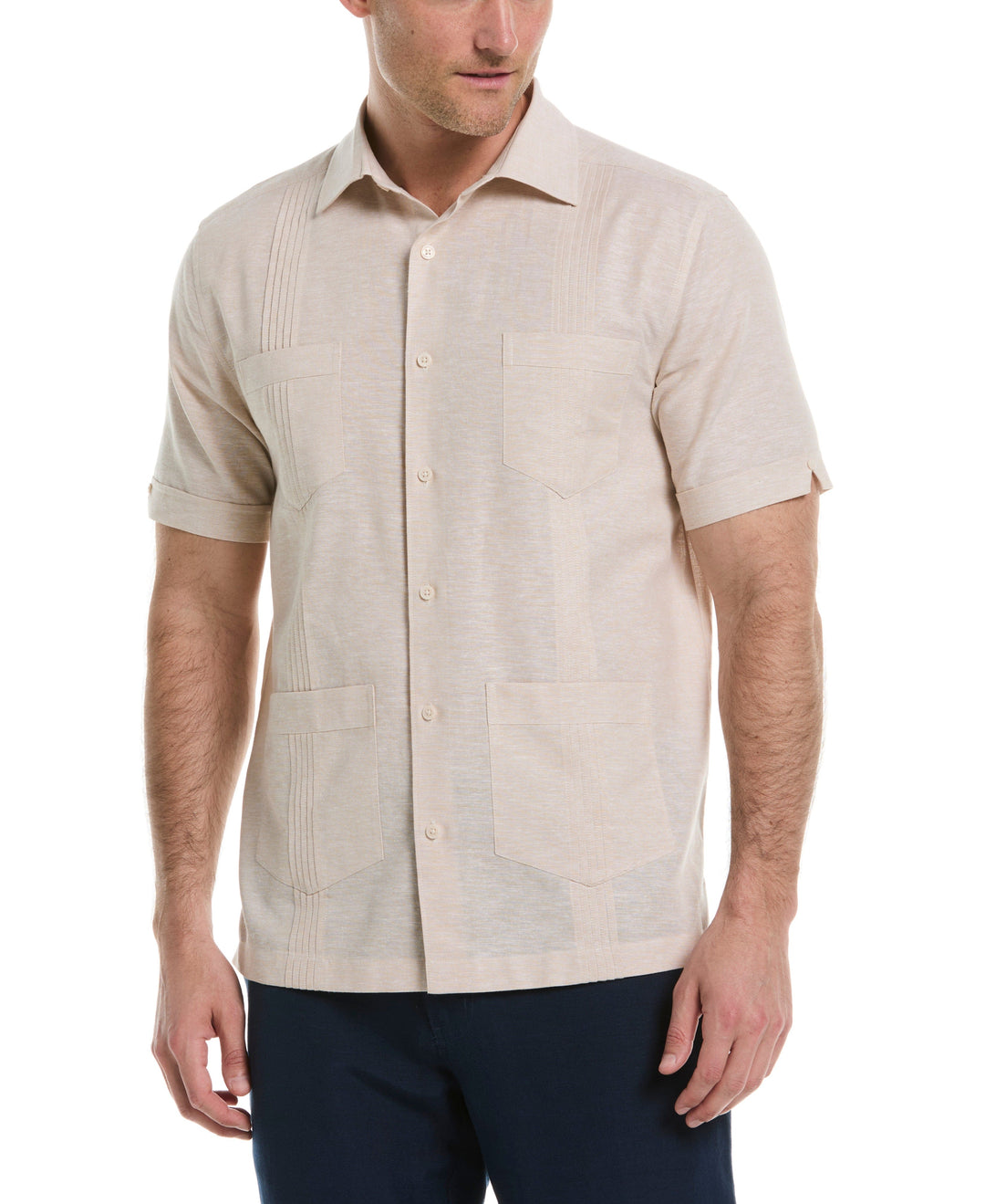 cubavera dress shirts Cubavera Men's 4-Pocket Linen Blend Guayabera Short Sleeve Shirt in Egret, Size Large, Cotton Blend