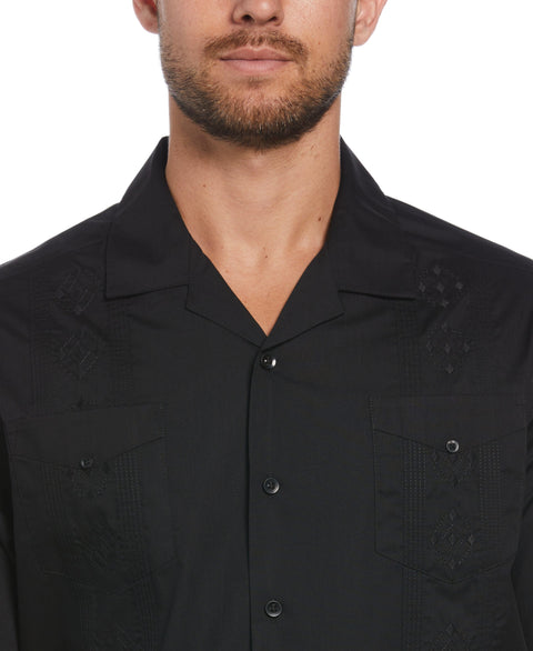 Embroidered Camp Collar Guayabera Shirt (Black) 