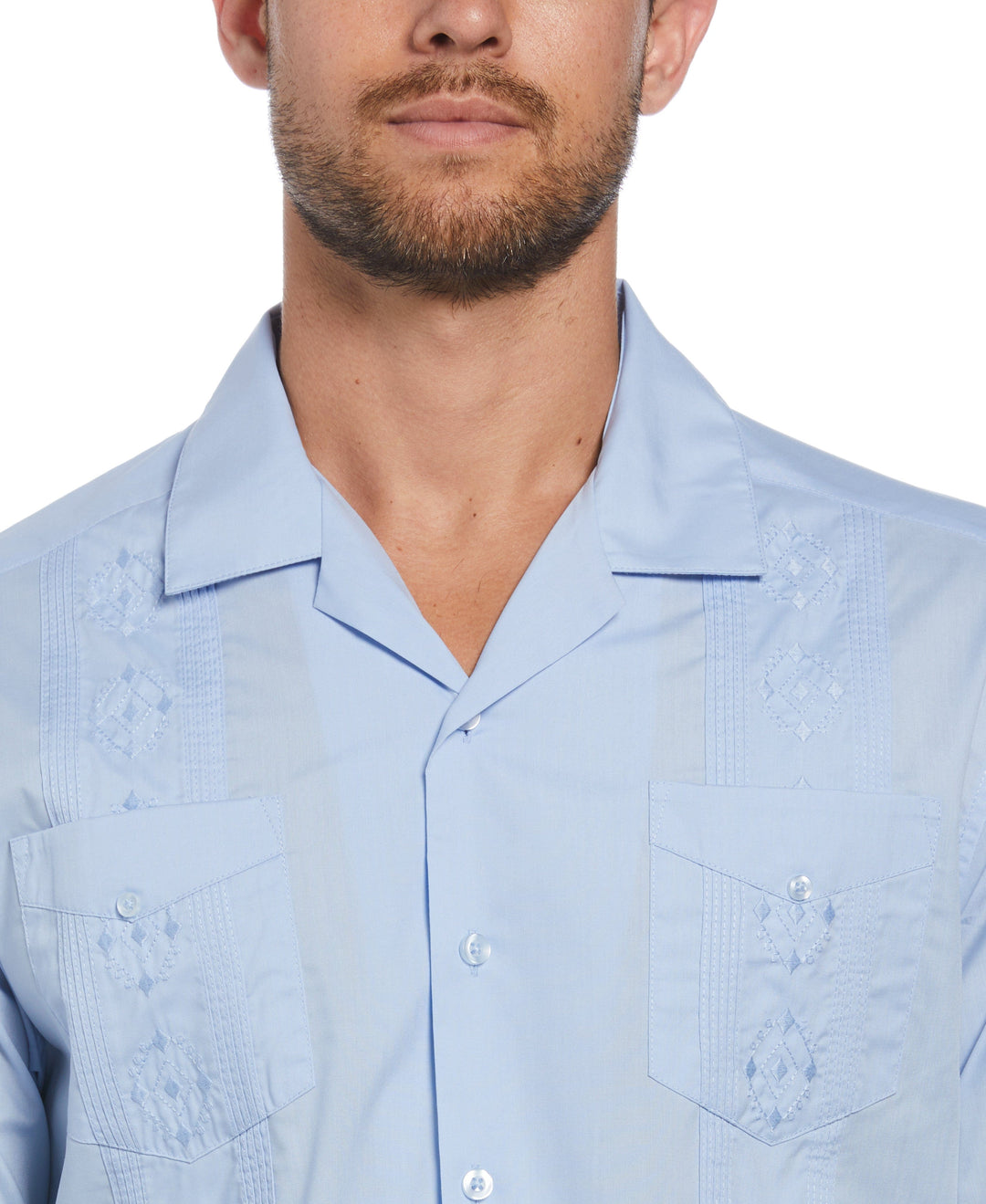 Big and Tall Embroidered Camp Collar Guayabera Shirt (Blue Bell) 