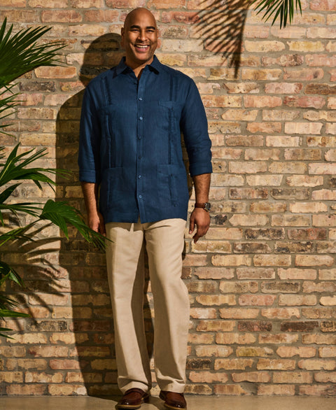 Big & Tall 100% Linen Classic Guayabera Shirt - Long Sleeve-Guayaberas-Cubavera