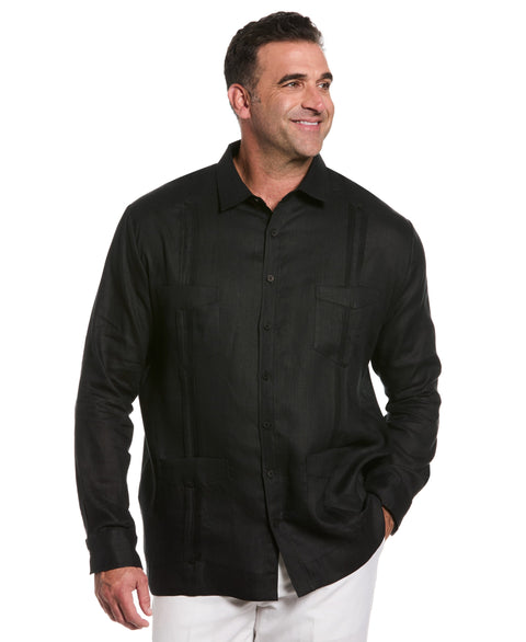 Big & Tall 100% Linen Classic Guayabera Shirt - Long Sleeve-Guayaberas-Jet Black-2XLT-Cubavera