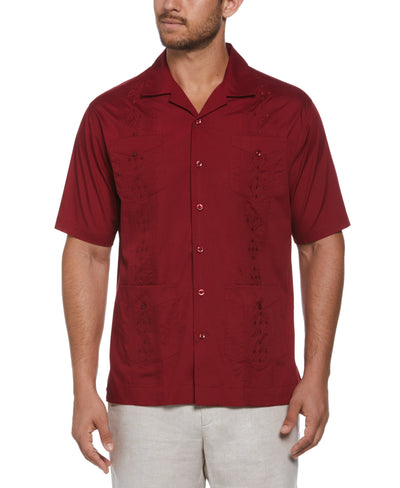 Big and Tall Embroidered Camp Collar Guayabera Shirt (Biking Red) 
