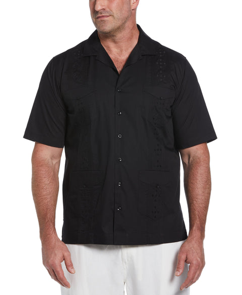 Big and Tall Embroidered Camp Collar Guayabera Shirt (Black) 