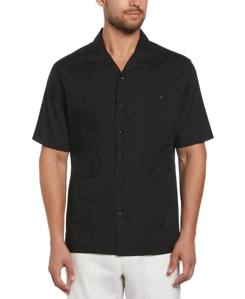 Big and Tall Embroidered Camp Collar Guayabera Shirt (Black) 