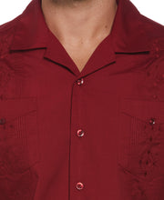 Big and Tall Embroidered Camp Collar Guayabera Shirt (Biking Red) 