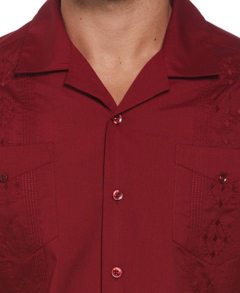 Big and Tall Embroidered Camp Collar Guayabera Shirt (Biking Red) 