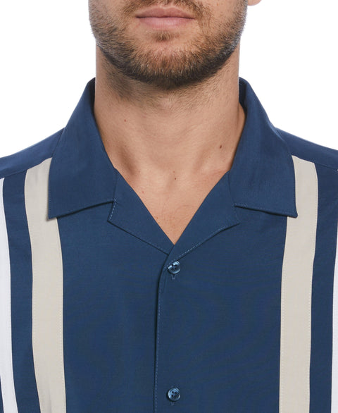 Big & Tall Tri-Color Camp Collar Retro Panel Shirt (Insignia Blue) 