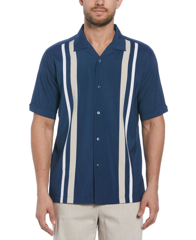 Big & Tall Tri-Color Camp Collar Retro Panel Shirt (Insignia Blue) 