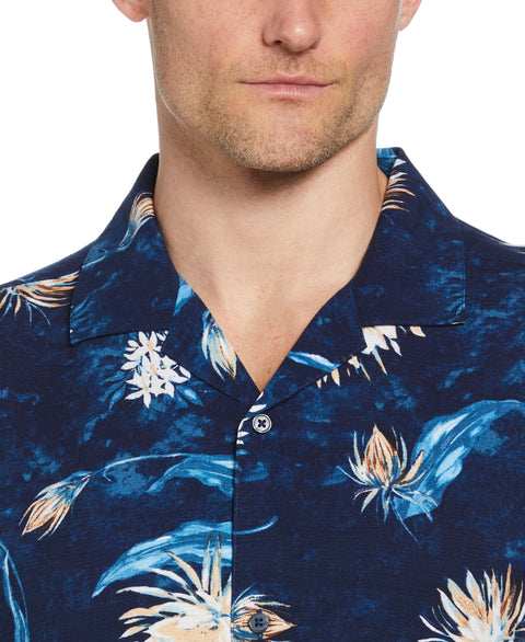 Big & Tall Floral Print Cuban Collar Shirt (Navy Iris) 