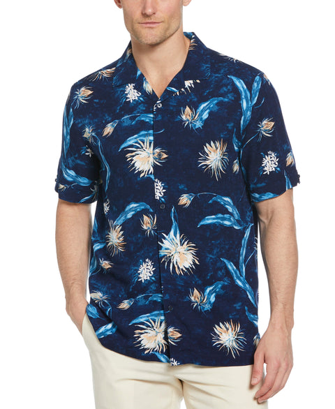 Big & Tall Floral Print Cuban Collar Shirt (Navy Iris) 