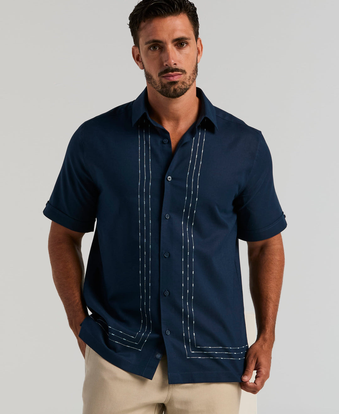 Linen Blend Embroidered Shirt (Pageant Blue) 