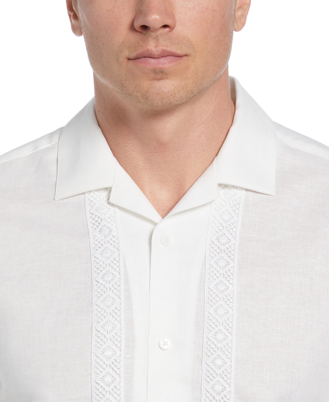Big & Tall Linen-Blend Applique Panel Guayabera Shirt (Brilliant White) 