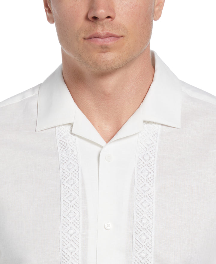 Big & Tall Linen-Blend Applique Panel Guayabera Shirt (Brilliant White) 
