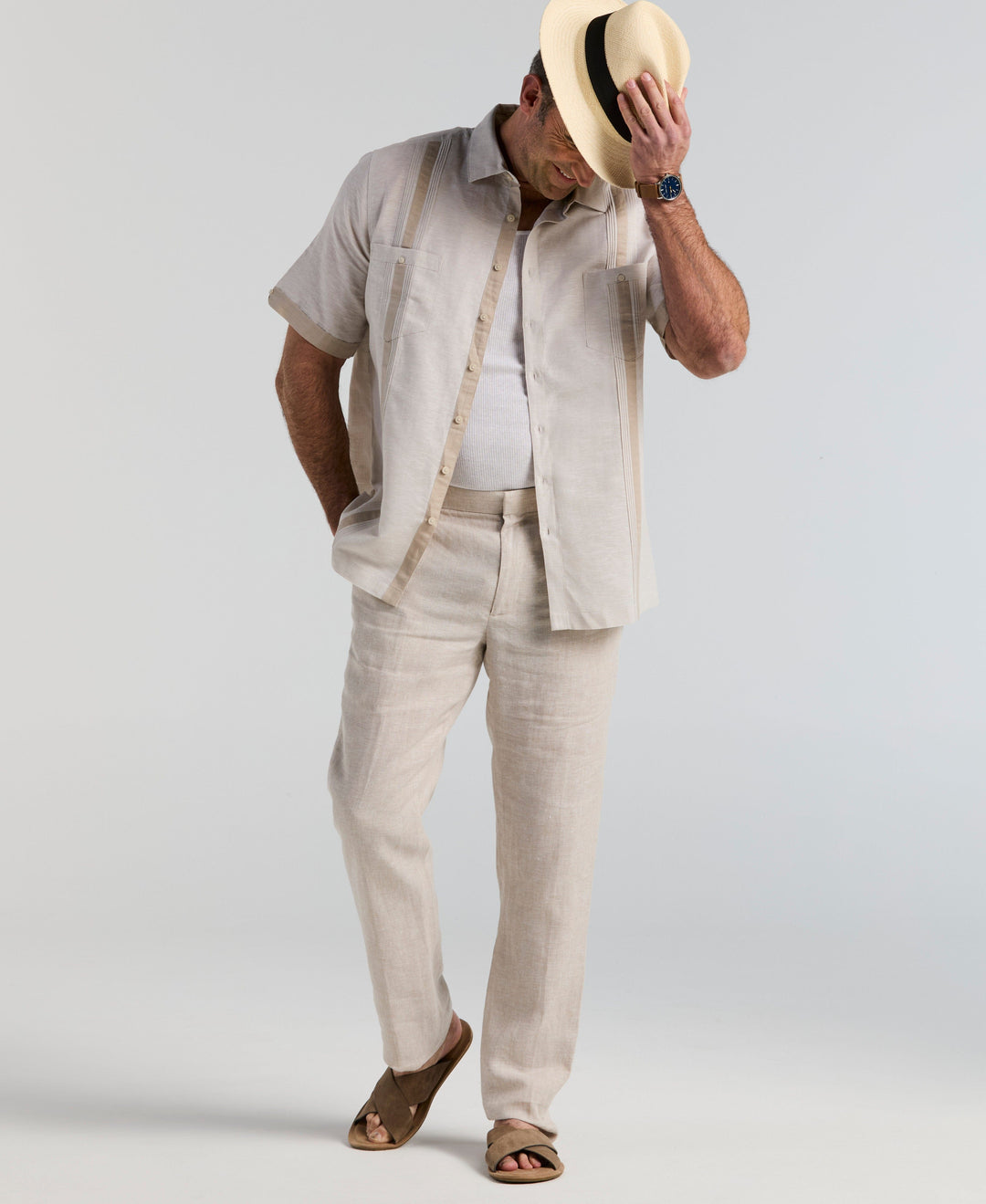 Big & Tall Linen Blend Cross Dye Guayabera Shirt (Silver Lining) 