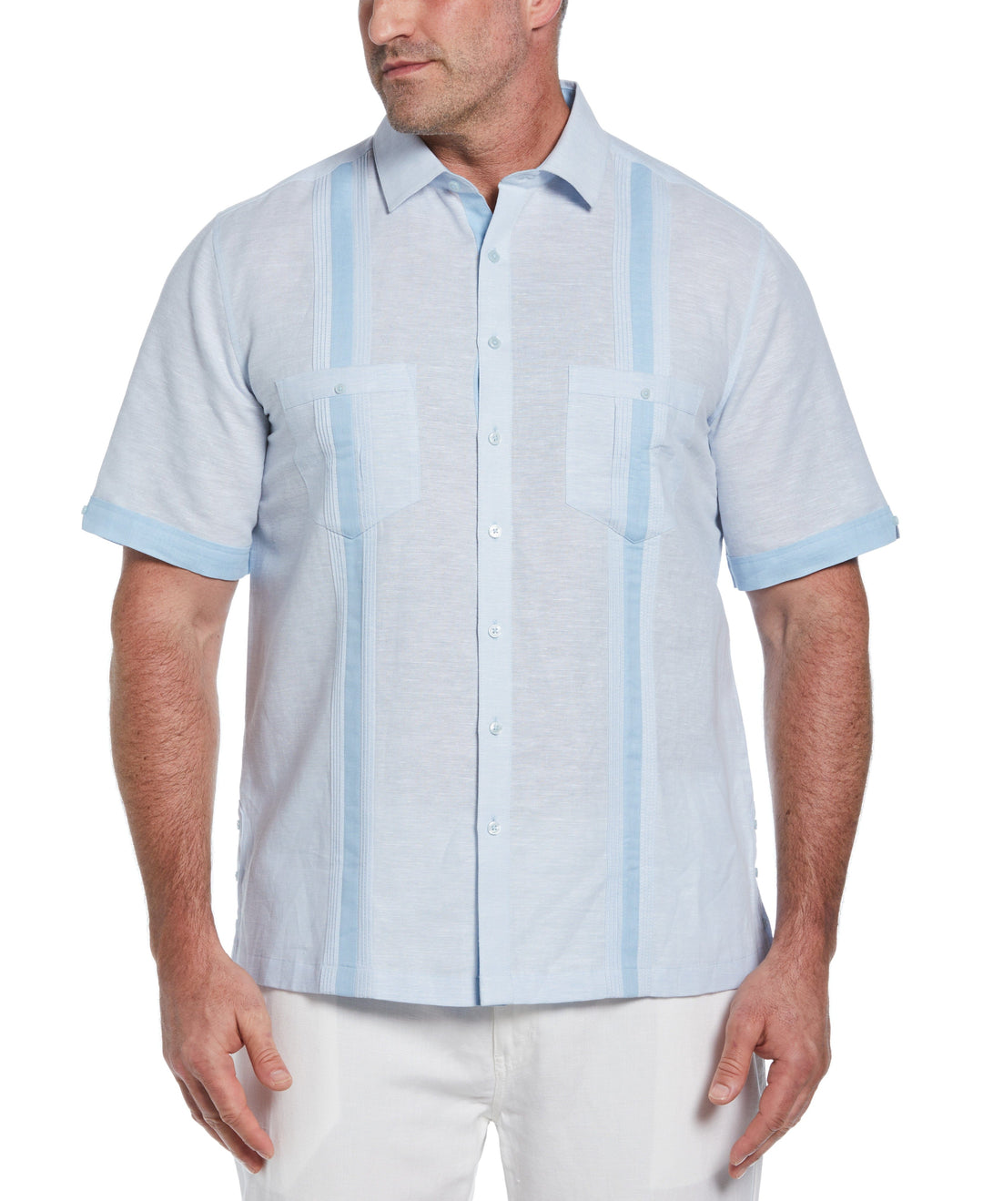 Big & Tall Linen Blend Cross Dye Guayabera Shirt (Cerulean) 