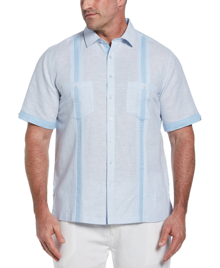 Big & Tall Linen Blend Cross Dye Guayabera Shirt (Cerulean) 